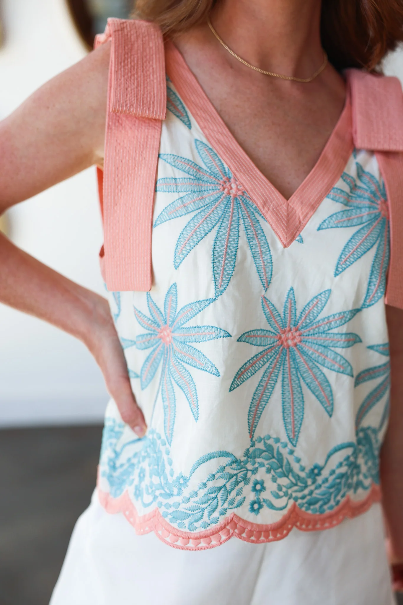 Embroidered Tank Top - Coral/Blue